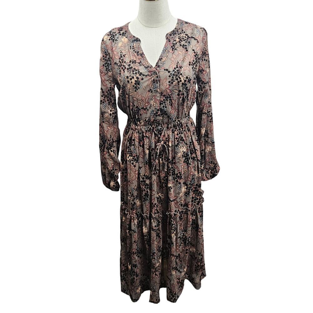 Knox Rose Floral Boho Midi Dress Long Sleeve‎ Tie Waist XS